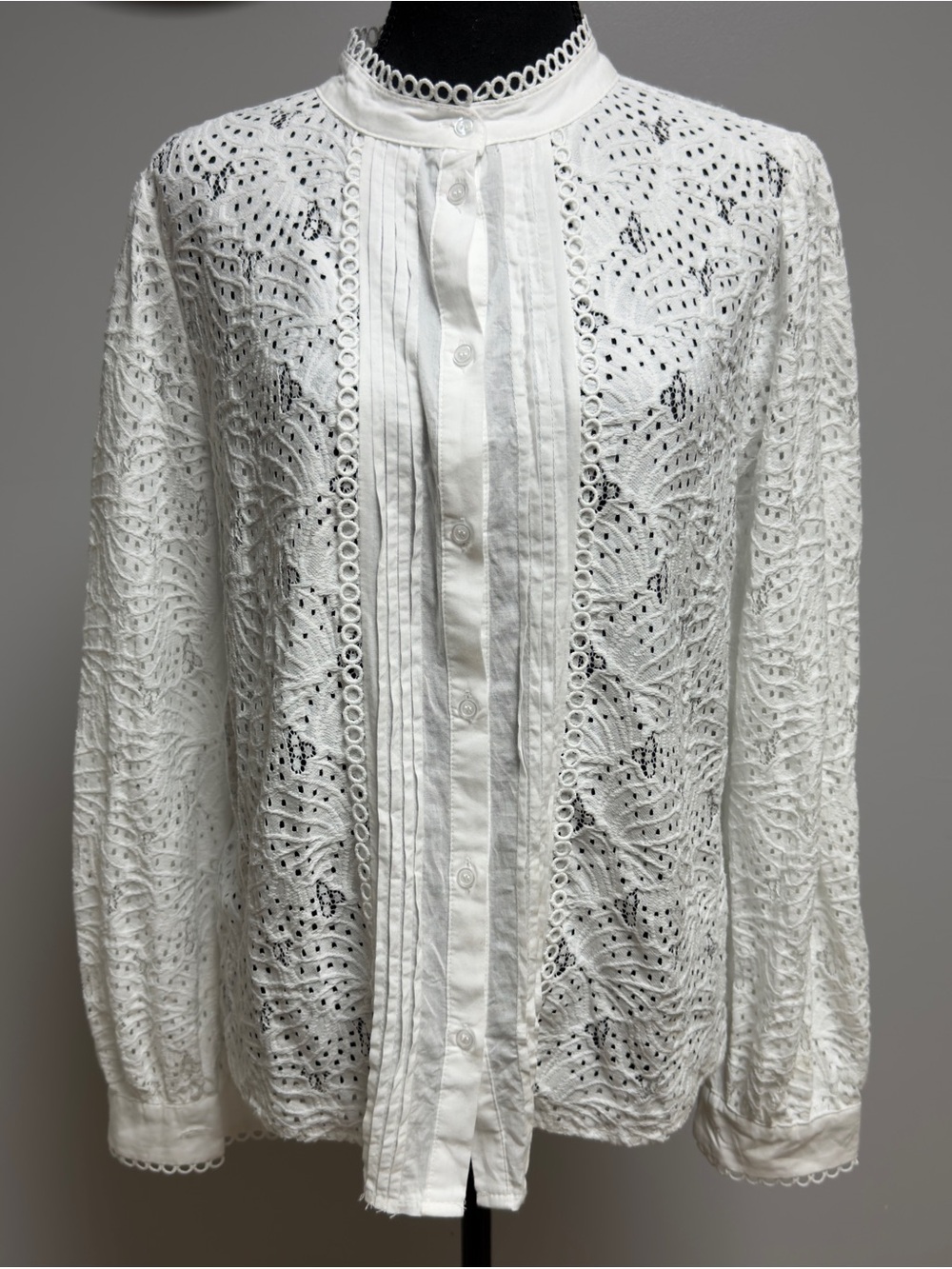 Ultra Pink White Embroidered Eyelet Cotton Blouse Top Pintuck Long Sleeve L